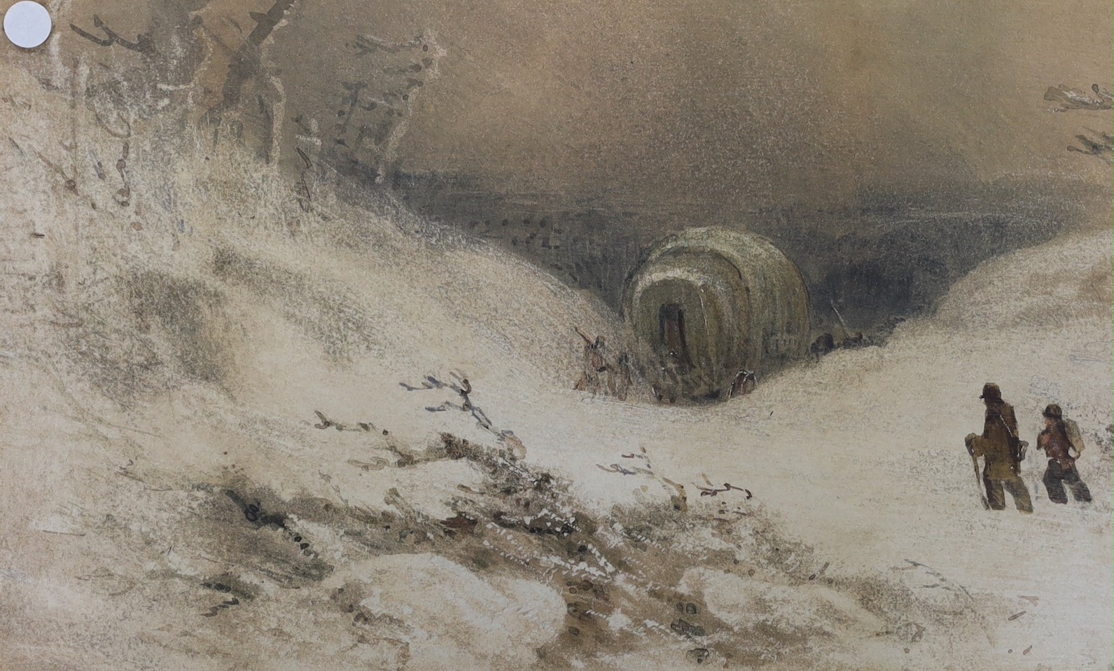 19th century English School, watercolour, Travellers in a winter landscape, 20 x 32cm
